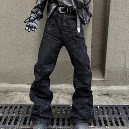 Raw-edge Slim-fit Pleated Slightly Flared Denim Jeans