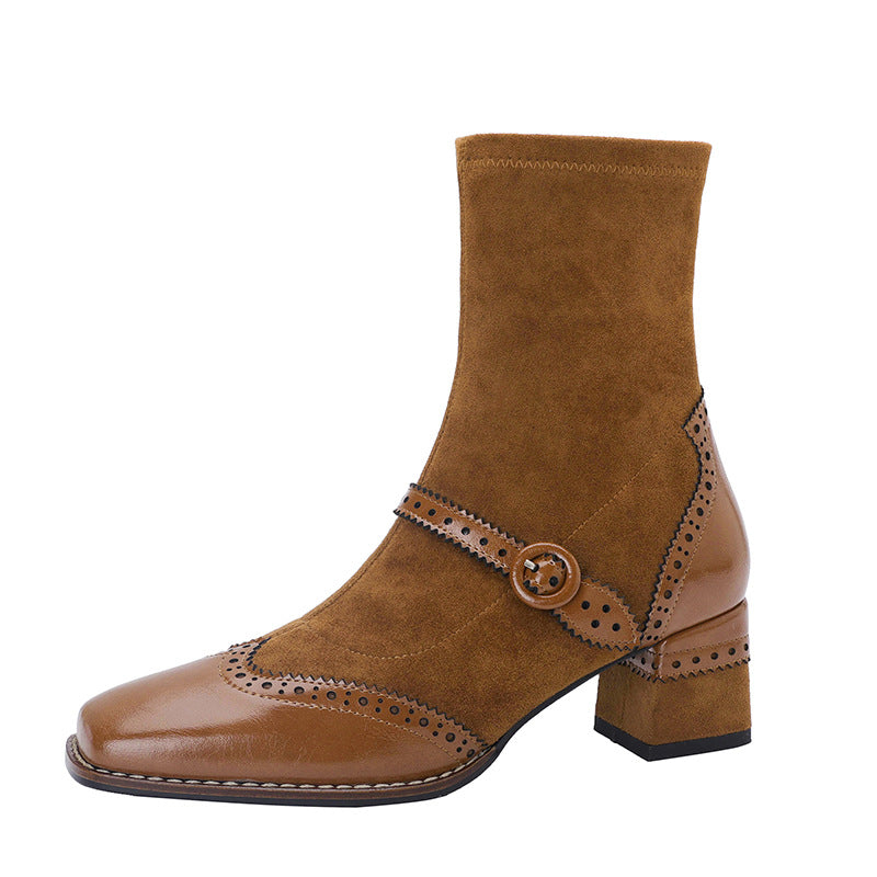 New Autumn Ladies Boots Square Toe Chunky Heel Vintage Style