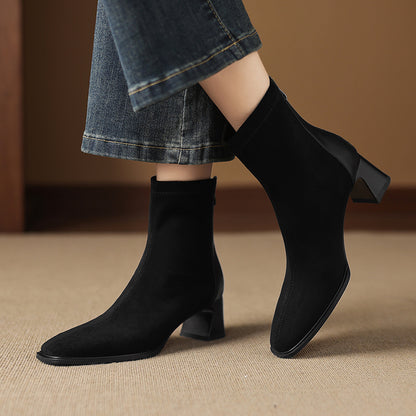 French-style Vintage Leather Patchwork Mid-heel Ankle Boots