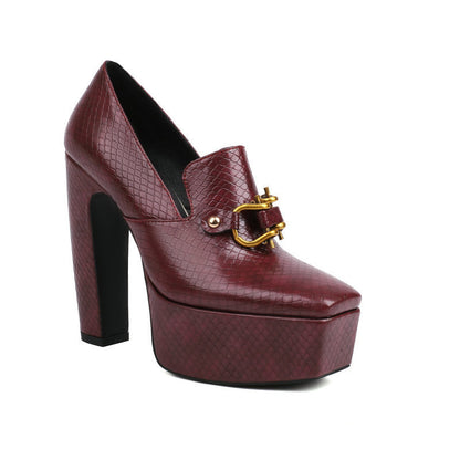 Ladies Snake-print Block-heel Shoes With A Square Toe Chunky Heel