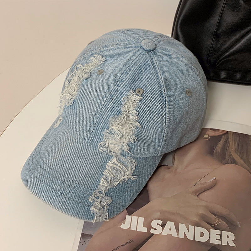 Summer Korean Style Denim Old Ripped Peaked Cap