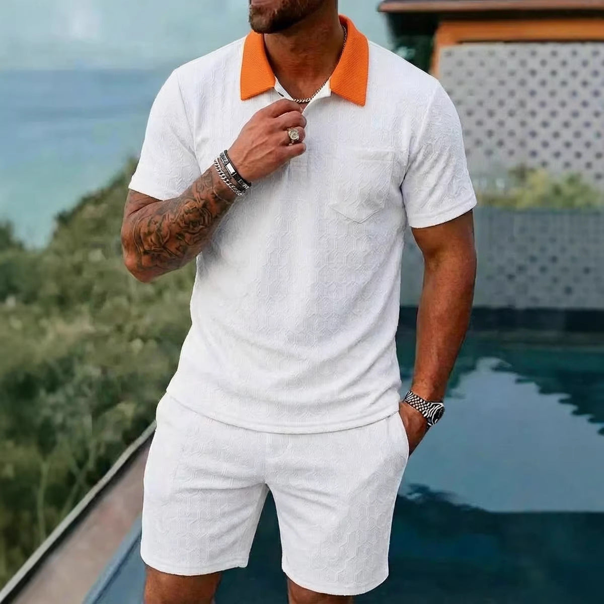 Mens Fashionable Breathable Color-Block Pocket Short-Sleeve (Set)