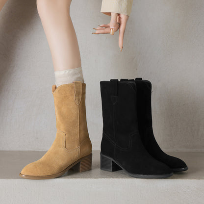 Ladies Autumn winter Brown Cowhide Boots With Matte Finish
