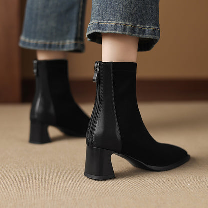 French-style Vintage Leather Patchwork Mid-heel Ankle Boots