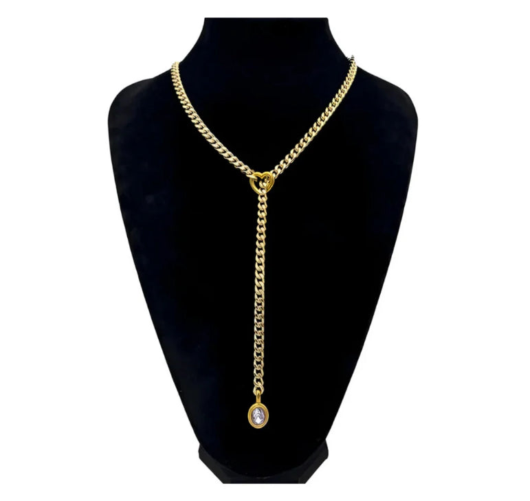 Stainless Steel 18K Slide Chain Heart-shaped Ring Cuba Long Necklace (For Lady)
